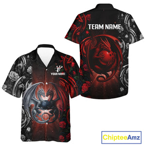 Red Dragon Roses Pattern Custom Bowling Hawaiian Shirts For Men, Dragon Bowling League Shirt NQS10626