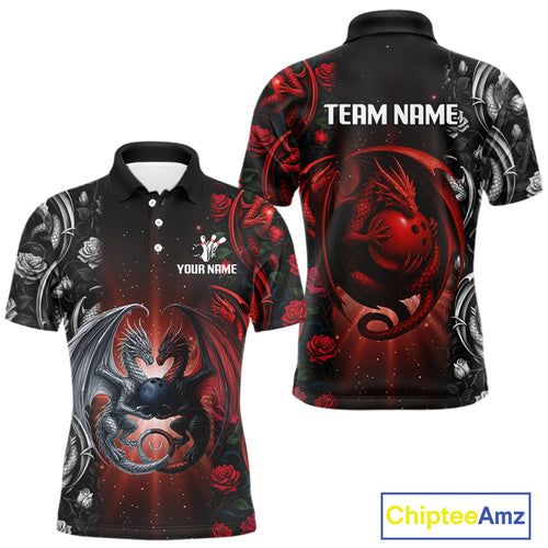 Red Dragon Roses Pattern Custom Bowling Polo, Quarter Zip shirts For Men, Dragon Bowling League Shirt NQS10626