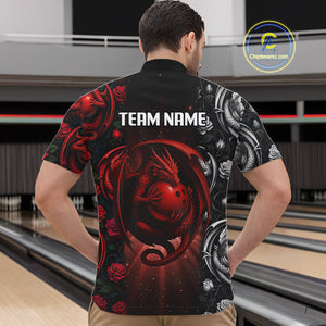 Red Dragon Roses Pattern Custom Bowling Polo, Quarter Zip shirts For Men, Dragon Bowling League Shirt NQS10626