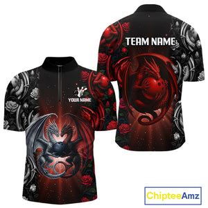 Red Dragon Roses Pattern Custom Bowling Polo, Quarter Zip shirts For Men, Dragon Bowling League Shirt NQS10626
