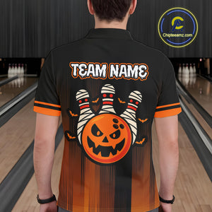 Custom Orange and Black Funny Pumpkin Ball pins Mens Bowling Team Shirts, Halloween Bowling Outfit NQS10564
