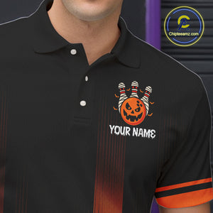 Custom Orange and Black Funny Pumpkin Ball pins Mens Bowling Team Shirts, Halloween Bowling Outfit NQS10564