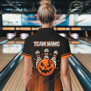 Custom Orange and Black Funny Pumpkin Ball pins Women Bowling Team Shirts, Halloween Bowling Outfit NQS10564