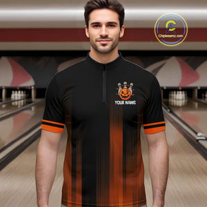 Custom Orange and Black Funny Pumpkin Ball pins Mens Bowling Team Shirts, Halloween Bowling Outfit NQS10564