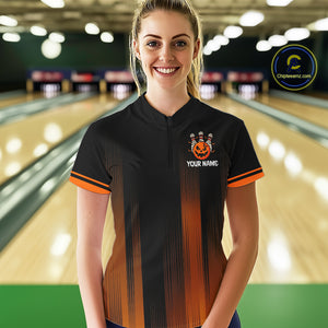 Custom Orange and Black Funny Pumpkin Ball pins Women Bowling Team Shirts, Halloween Bowling Outfit NQS10564