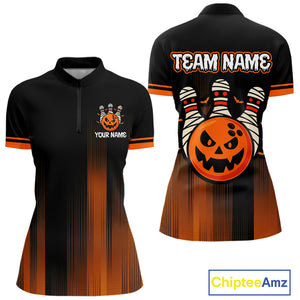 Custom Orange and Black Funny Pumpkin Ball pins Women Bowling Team Shirts, Halloween Bowling Outfit NQS10564