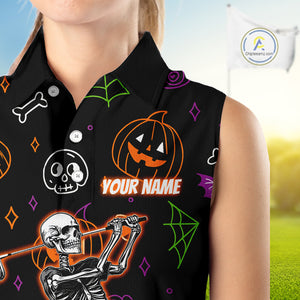 Personalized Funny Halloween Pattern Skull Sleeveless Golf Polo Shirts, Halloween Ladies Golf Gifts NQS10836