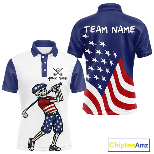Red, White and Blue American Flag Skull Golf polo shirts for men custom patriotic golf top for men NQS10851