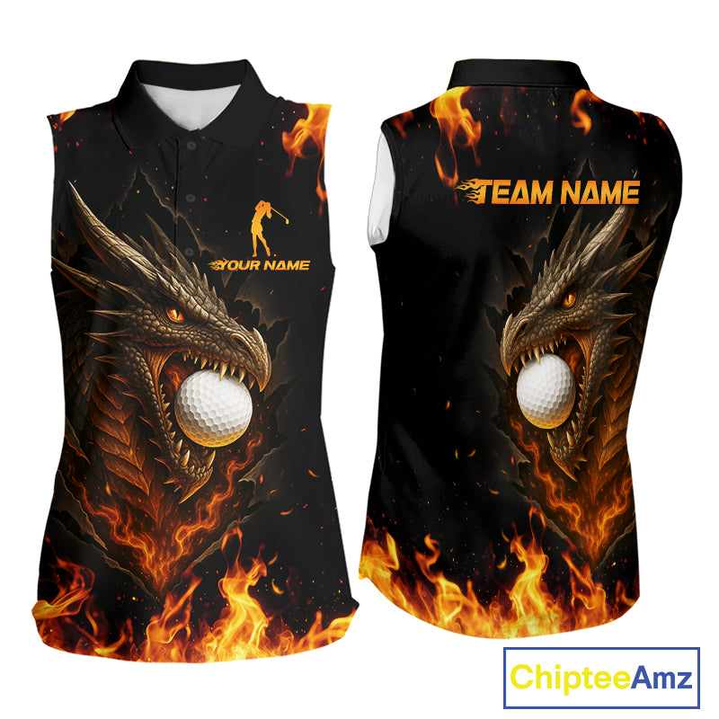 Flame Dragon Sleeveless Golf Polo Shirt Custom Dragon team ladies golf outfits, cool golf gifts NQS10861