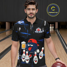 Load image into Gallery viewer, Custom Black And Blue Funny Beer Bowling Men Polo, Quarter Zip Shirts, funny bowling shirts NQS11488