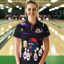 Load image into Gallery viewer, Custom Black And Purple Funny Beer Bowling Women Polo, Quarter Zip Shirts, funny bowling shirts NQS11489