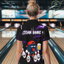 Load image into Gallery viewer, Custom Black And Purple Funny Beer Bowling Women Polo, Quarter Zip Shirts, funny bowling shirts NQS11489