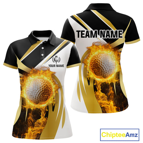 Black & White Gold Flame Women Golf Polo Shirts custom team ladies golf attire, gift for golf lovers NQS10905