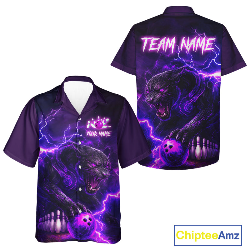Purple Thunder Lightning Custom Panther Bowling Hawaiian Shirt, Panther Bowling Button Up Shirt NQS10789