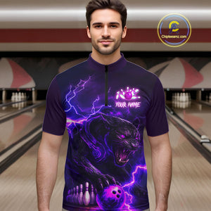 Purple Thunder Lightning Custom Panther Bowling Polo, 1/4 zip Shirts For Men, Panther Bowling Jerseys NQS10789
