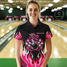 Load image into Gallery viewer, Black and Pink Flame Dragon Bowling Polo, 1/4 Zip Shirts For Women Custom Dragon Bowling Team Jerseys NQS11733