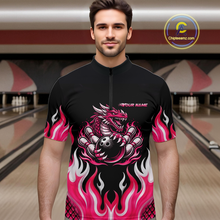 Load image into Gallery viewer, Black and Pink Flame Dragon Bowling Polo, 1/4 Zip Shirts For Men Custom Dragon Bowling Team Jerseys NQS11733