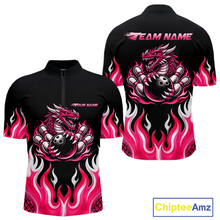 Load image into Gallery viewer, Black and Pink Flame Dragon Bowling Polo, 1/4 Zip Shirts For Men Custom Dragon Bowling Team Jerseys NQS11733