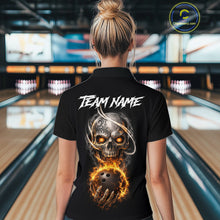 Load image into Gallery viewer, Flame Skull Reaper Bowling Polo, Quarter Zip Shirts For Women Custom Bowling Team Jerseys | Black NQS11745