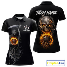 Load image into Gallery viewer, Flame Skull Reaper Bowling Polo, Quarter Zip Shirts For Women Custom Bowling Team Jerseys | Black NQS11745