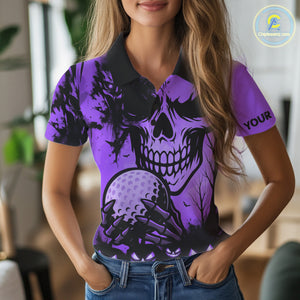 Custom Skull Golf Polo Shirts For Women Halloween Golf Outfits, personalized golf gifts | Purple NQS10661