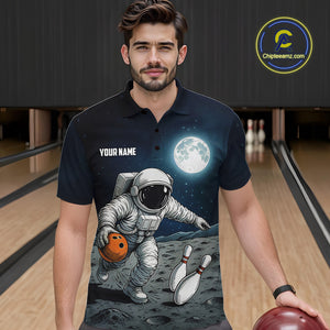 Funny Astronaut Bowling Polo, Quarter Zip Shirts For Men Custom Bowling Team Outfit, Gift For Bowler NQS10694