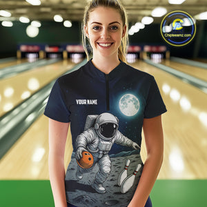 Funny Astronaut Bowling Polo, Quarter Zip Shirt For Women Custom Bowling Team Outfit, Gift For Bowler NQS10694