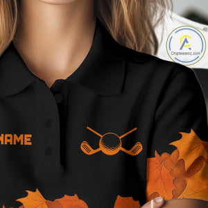 Black and Orange Autumn Leaf Custom Turkey Golf Polo Shirt For Women, Thanksgiving Golf Attire NQS10700