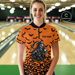 Black and Orange Bats Halloween Skull Reaper Bowling Shirts For Women Custom Bowling Team Jerseys NQS10755
