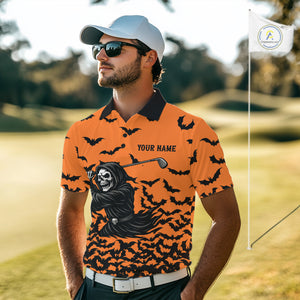Black and Orange Bats Halloween Skull Reaper Golf Polo Shirt For Men Custom Halloween mens golf top NQS10756