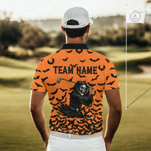 Black and Orange Bats Halloween Skull Reaper Golf Polo Shirt For Men Custom Halloween mens golf top NQS10756