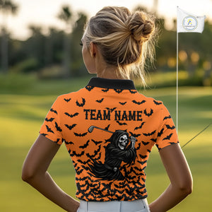 Black and Orange Bats Halloween Skull Reaper Golf Polo Shirt For Women Custom ladies golf top NQS10756