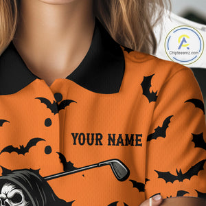 Black and Orange Bats Halloween Skull Reaper Golf Polo Shirt For Women Custom ladies golf top NQS10756