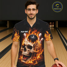 Load image into Gallery viewer, Flame Skull Bowling button-up shirts custom Skull team Bowling uniforms league jerseys NQS11577