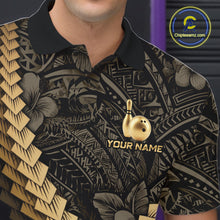Load image into Gallery viewer, Custom Black and Gold tribal pattern Bowling Polo, 1/4 zip Shirts For Men, Team Bowling League jersey NQS11591