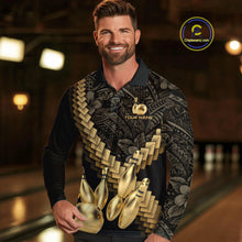 Load image into Gallery viewer, Custom Black and Gold tribal pattern Bowling Polo, 1/4 zip Shirts For Men, Team Bowling League jersey NQS11591