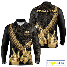 Load image into Gallery viewer, Custom Black and Gold tribal pattern Bowling Polo, 1/4 zip Shirts For Men, Team Bowling League jersey NQS11591