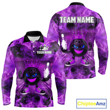 Load image into Gallery viewer, Funny Crown Bowling Purple Flame Bowling Polo, Quarter Zip Shirt For Men Custom Bowling Team Jersey NQS11721