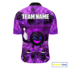 Load image into Gallery viewer, Funny Crown Bowling Purple Flame Bowling Polo, Quarter Zip Shirt For Men Custom Bowling Team Jersey NQS11721