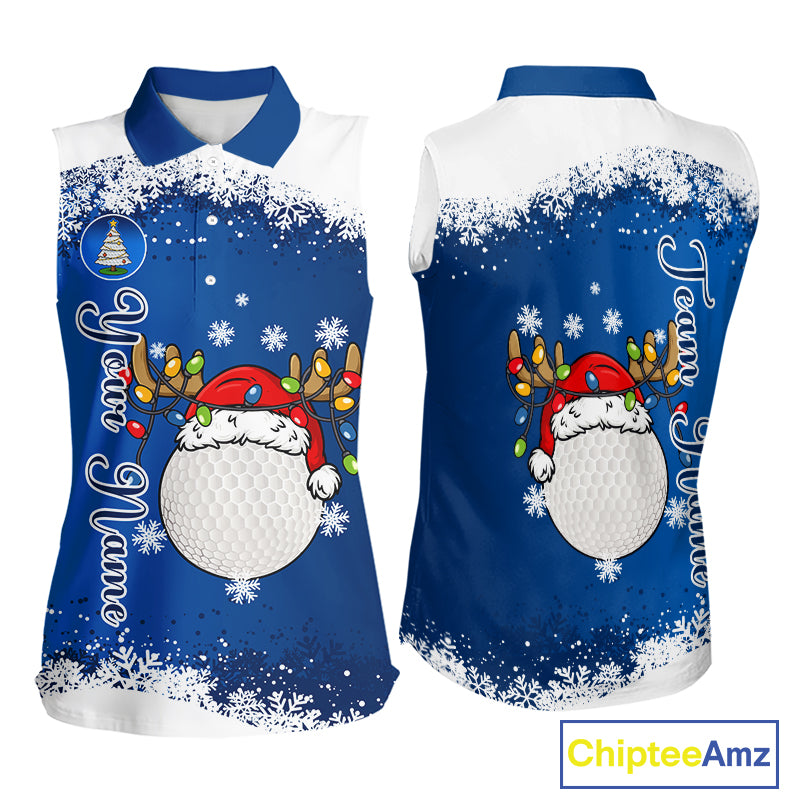 Blue and White Christmas Women Sleeveless Golf Polo shirts Custom ladies golf tops, Xmas golf gifts NQS11027
