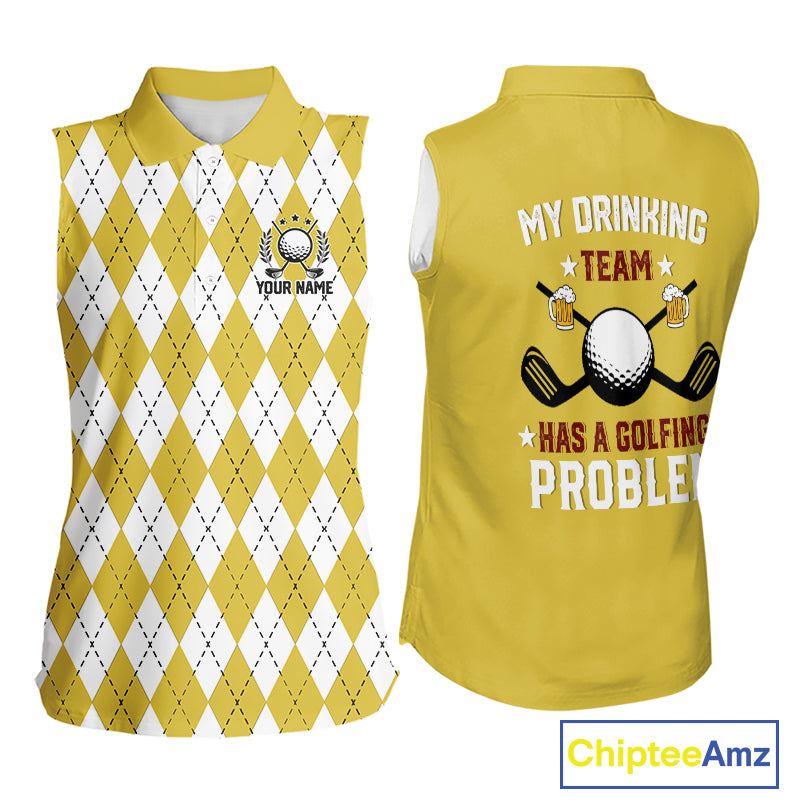 Yellow argyle pattern Beer Women Sleeveless Polo Shirt Custom My drinking team has a golfing problem NQS10863