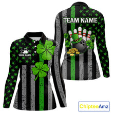 Load image into Gallery viewer, Custom Black Grunge US Flag Patriotic Bowling Shirt For Women Green Shamrock St Patrick Team Jersey NQS11447
