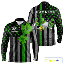 Load image into Gallery viewer, Custom Black Grunge US Flag Patriotic Golf Polo shirts for Men Green Shamrock St Patrick Team Jersey NQS11448