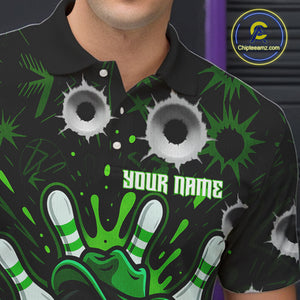 Funny Black and Green Bowling Cowboy gun Men bowling polo, 1/4 zip shirts Custom bowling team jersey NQS10658