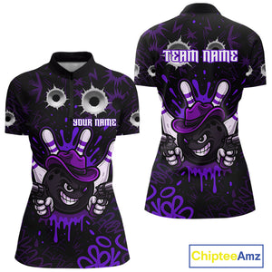 Funny Black & Purple Bowling Cowboy gun Women bowling polo, 1/4 zip shirt Custom bowling team jersey NQS10659