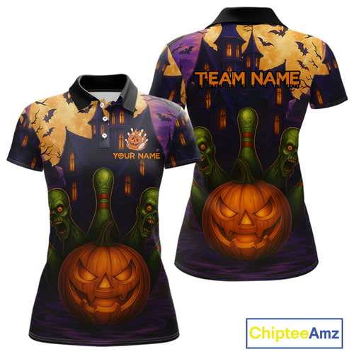 Funny Pumpkin Halloween Bowling Polo, Quarter Zip Shirts For Women Custom Bowling Team Jersey NQS10668