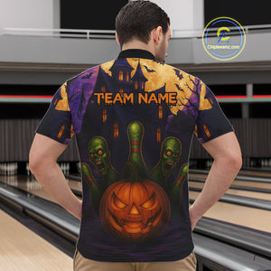 Funny Pumpkin Halloween Bowling Polo, Quarter Zip Shirts For Men Custom Bowling Team Jersey NQS10668