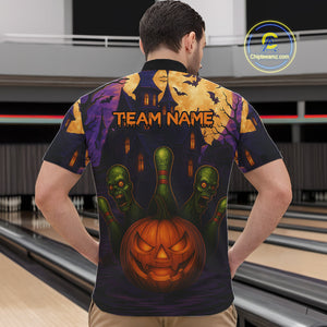 Funny Pumpkin Halloween Bowling Polo, Quarter Zip Shirts For Men Custom Bowling Team Jersey NQS10668