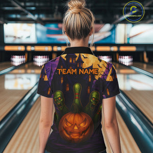 Funny Pumpkin Halloween Bowling Polo, Quarter Zip Shirts For Women Custom Bowling Team Jersey NQS10668