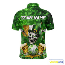 Load image into Gallery viewer, Custom Funny Skull Golf and Beer Ireland Flag Green St Patrick Team Polo shirts for Men, golfing gift NQS11485